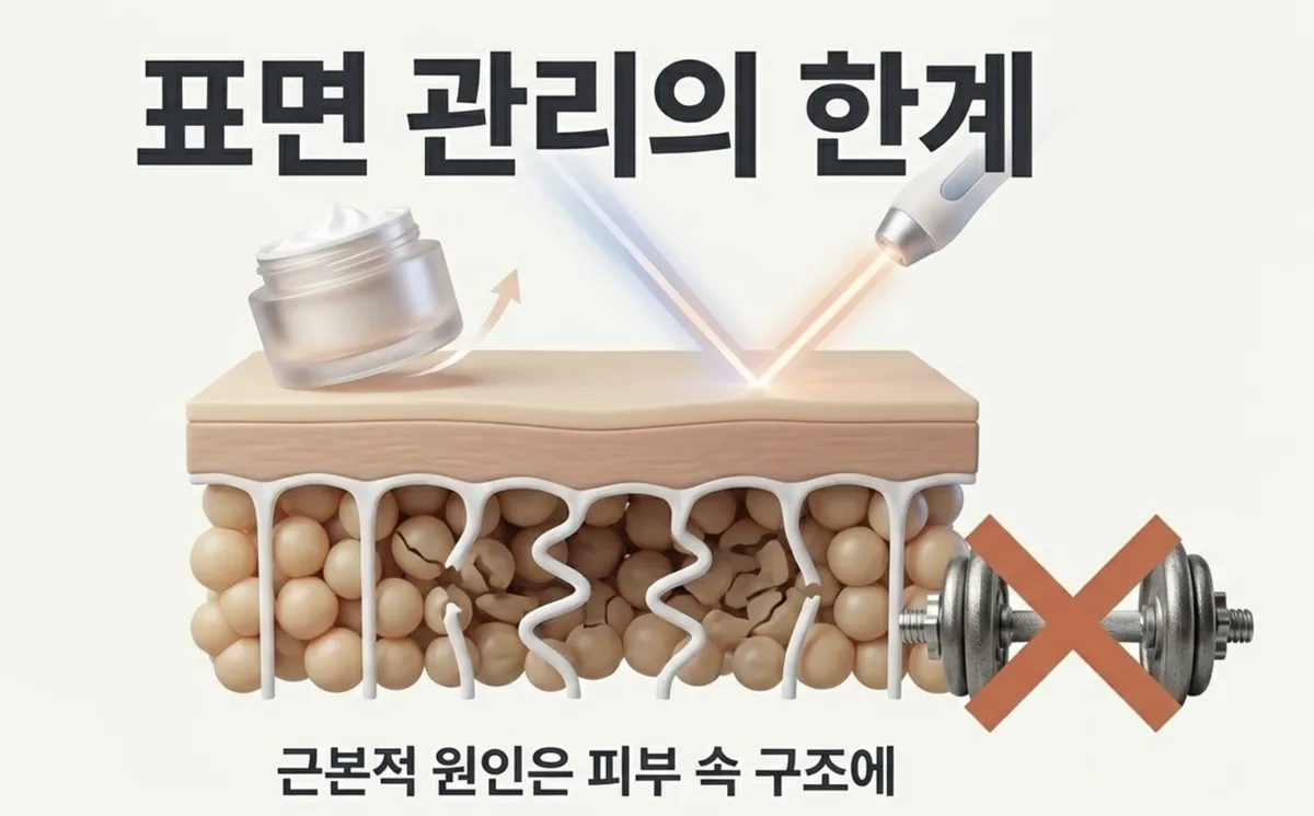 표면 관리의 한계 - 크림과 레이저는 피부 표면에만 작용하며 근본적 원인인 FSN 구조에는 도달하지 못함
